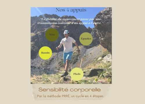 La prise de conscience de notre 4 appuis (pieds, bassin, épaules, tête) par la méthode PRRÉ vous permettra d'améliorer votre sensibilité corporelle
