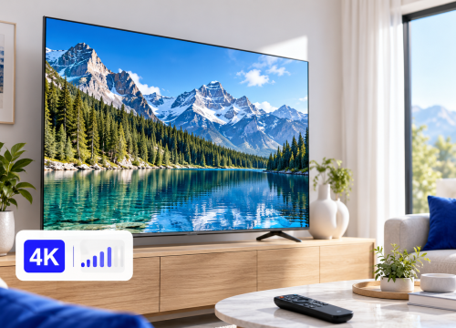 Téléviseur affichant un paysage en haute définition dans un salon lumineux, avec le logo IPTV Smarters Pro et l'URL du site.