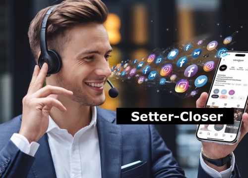 un setter closer en plien action au téléphone avec son client