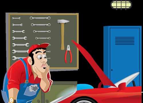 Dessin de mécanicien qui s'interroge face au moteur d'une voiture capot ouvert