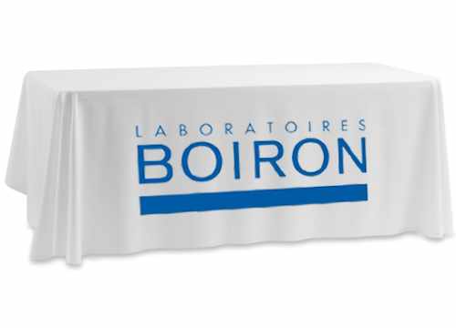 Nappe personnalisée sur mesure pour exposition COM4EVENTS cousue d'un seul tenant