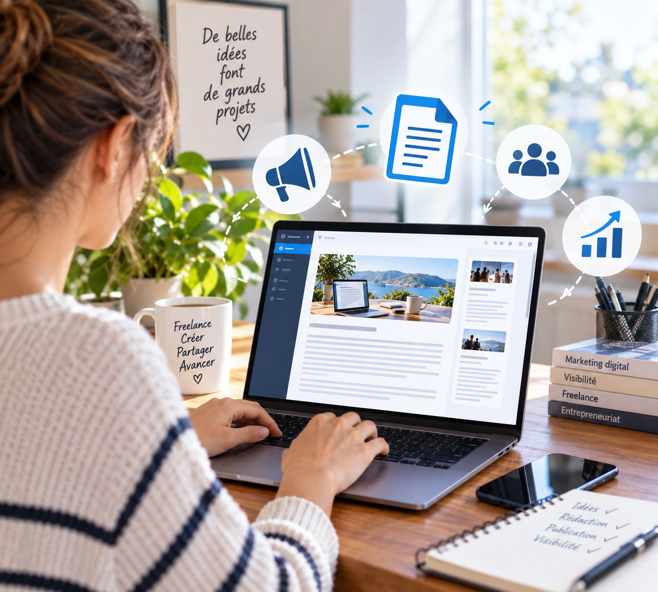 Une femme aux cheveux bouclés travaille sur un ordinateur portable et un écran de bureau dans un espace de coworking moderne et spacieux. L'écran de bureau montre une interface d'éditeur de texte avec le titre 
