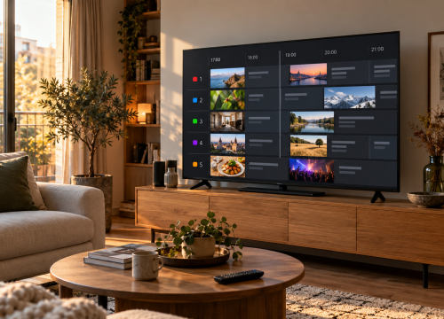 Téléviseur affichant un guide des programmes et une sélection de vidéos à la demande.