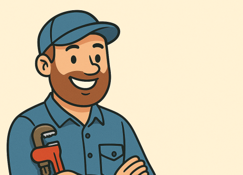 Illustration cartoon d'un plombier professionnel souriant avec clé à molette, représentant la recherche d'un plombier fiable pour dépannage et travaux de plomberie