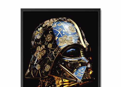 Une affiche au cadre noir de Dark Vador, recouverte d'or brillant et de diamants bleus. Le casque est orné de motifs et de dessins complexes, avec divers symboles. La couleur de fond doit être d'un noir profond et foncé pour contraster magnifiquement avec les détails métalliques dorés de son masque. L'effet global donnera une impression d'opulence et de luxe.