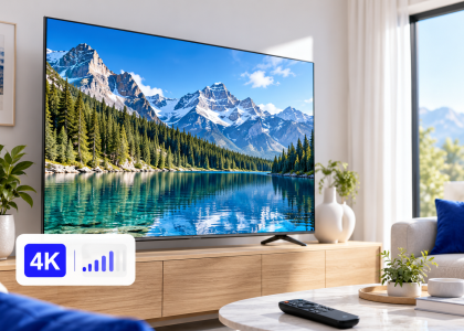 Téléviseur affichant un paysage en haute définition dans un salon lumineux, avec le logo IPTV Smarters Pro et l'URL du site.