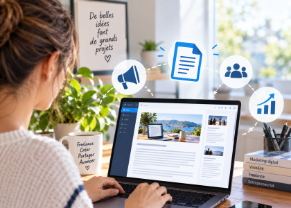 Une femme aux cheveux bouclés travaille sur un ordinateur portable et un écran de bureau dans un espace de coworking moderne et spacieux. L'écran de bureau montre une interface d'éditeur de texte avec le titre 
