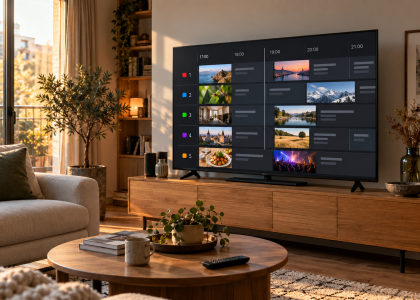 Téléviseur affichant un guide des programmes et une sélection de vidéos à la demande.