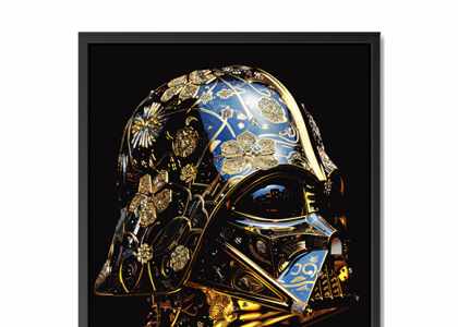 Une affiche au cadre noir de Dark Vador, recouverte d'or brillant et de diamants bleus. Le casque est orné de motifs et de dessins complexes, avec divers symboles. La couleur de fond doit être d'un noir profond et foncé pour contraster magnifiquement avec les détails métalliques dorés de son masque. L'effet global donnera une impression d'opulence et de luxe.