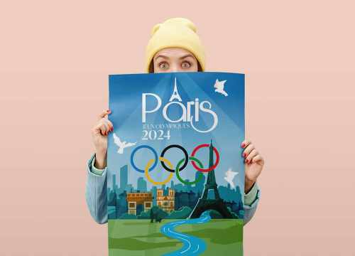 poster format A1 représentant une illustration des jeux olympiques de paris 2024 tenu par une femme. 