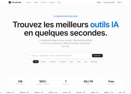 Capture d'écran de la page d'accueil IAToolFinder, annuaire bilingue des meilleurs outils IA