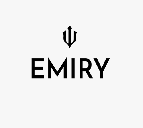 Page d'accueil de la marque Emiry montrant les cigarettes électroniques jetables puffs Aura Mini. Deux dispositifs noirs élégants sont posés sur un fond artistique aux tons pastel.