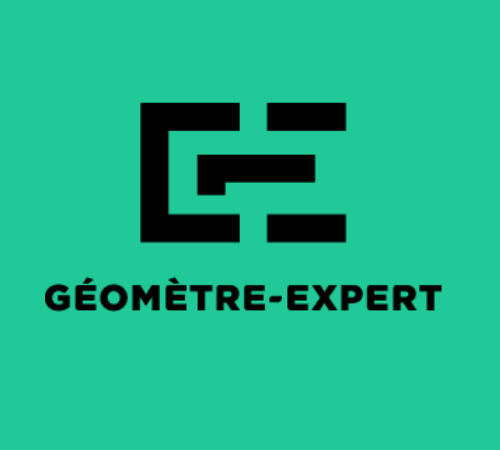 Logo minimaliste en noir de l'Ordre des Géomètres-Experts (OGE), avec des formes géométriques représentant un compas et une règle, symbolisant précision et expertise.