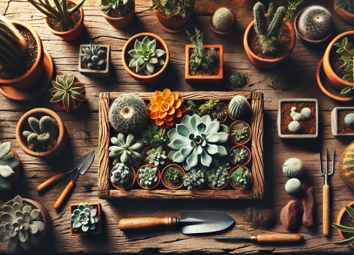 Collection variée de plantes succulentes et cactus disposés sur une table en bois, avec des outils de jardinage en arrière-plan.