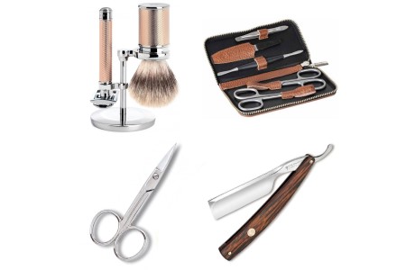 Rasoir barbe, blaireau rasage, ciseaux à ongles et à broder