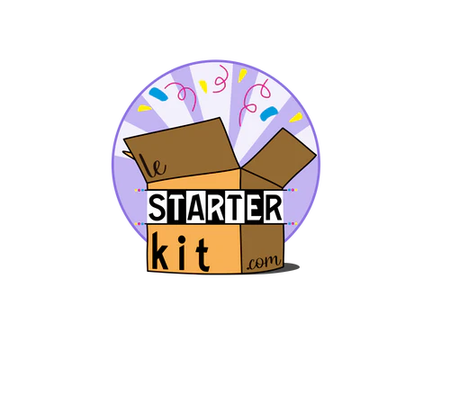 Logo lestarterkit.com un carton ouvert regorgeant de produits variés à l'intérieur.