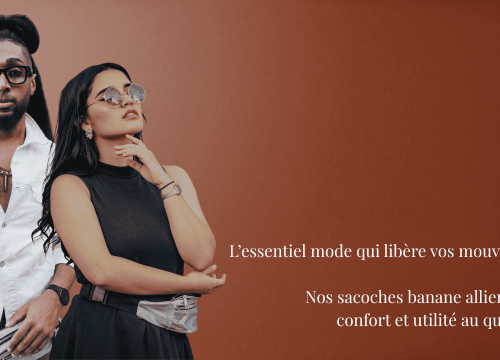 Bannière de la marque avec manequin présentant deux modèles de sacoche banane pour homme et pour femme.