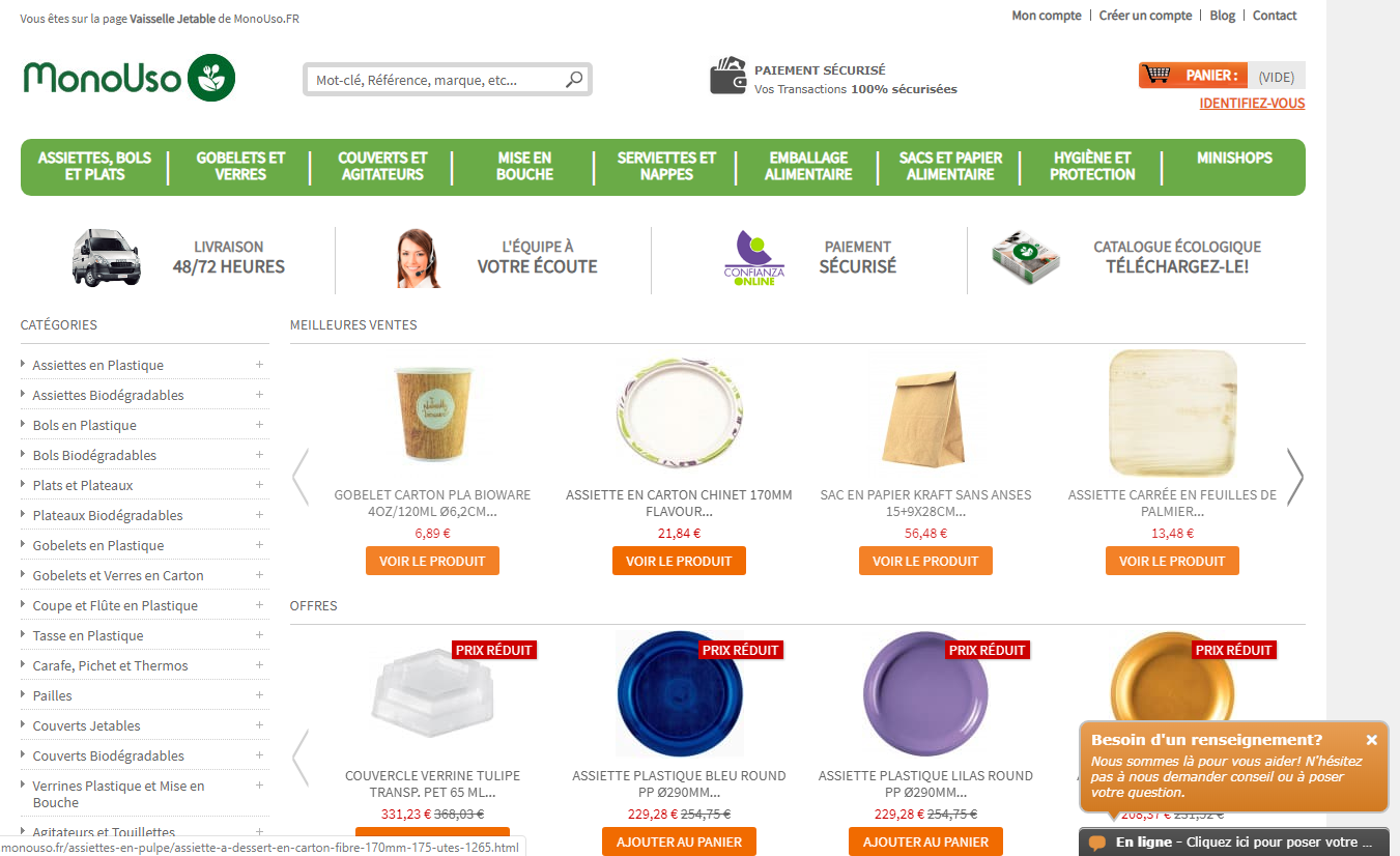 MonoUso boutique en ligne de vaisselle jetable, réutilisable et emballage alimentaire
