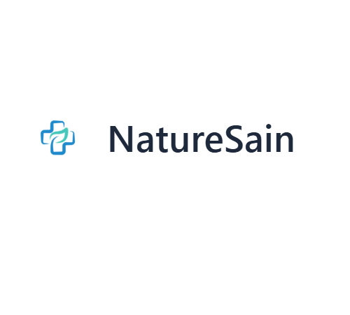 Logo NatureSain avec un arbre stylisé et le nom en bleu clair.