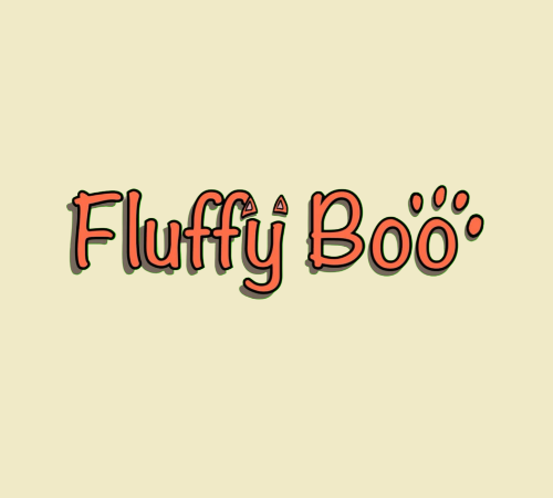 Logo Fluffyboo - Un chien et un chat avec un costume de fantôme qui fait peur et des accessoires éparpillés tout autour d'eux.