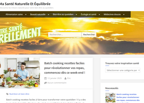 Capture d'écran de la page d'accueil du blog Santé naturelle et équilibrée, montrant les différentes catégories et un article en vedette
