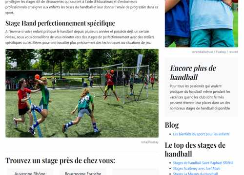 capture d'écran de la page d'accueil du site stagehandball
