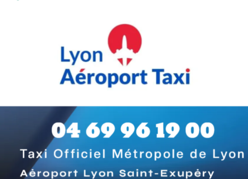 Logo et coordonnées de Lyon Aéroport Taxi, le service officiel de taxis pour la métropole de Lyon et l'aéroport Lyon Saint-Exupéry.