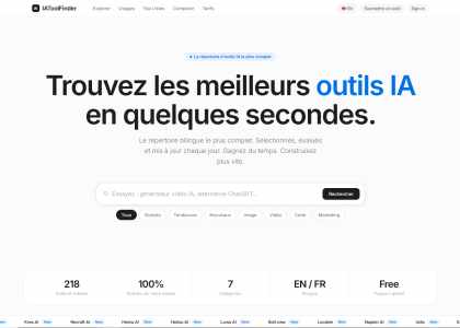 Capture d'écran de la page d'accueil IAToolFinder, annuaire bilingue des meilleurs outils IA