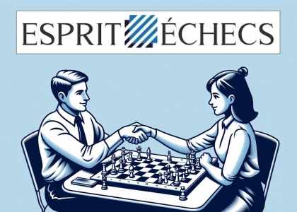 2 grands maîtres jouent aux échecs avec un bel échiquier, ils se serrent la main, c'est l'esprit des échecs.