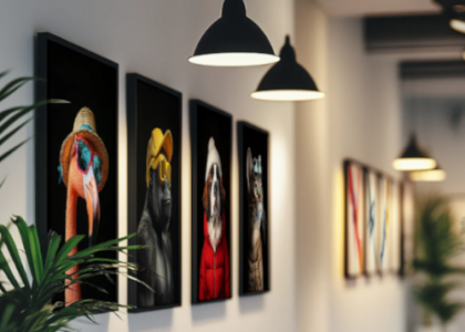 Photographie d'une galerie d'art avec des tableaux accrochés au mur