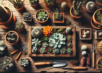 Collection variée de plantes succulentes et cactus disposés sur une table en bois, avec des outils de jardinage en arrière-plan.