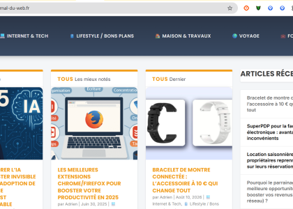 Capture d'écran de la page d'accueil du site Le Journal du Web. Le menu principal affiche les rubriques Internet & Tech, Lifestyle / Bons plans, Maison & Travaux, Voyage et Formations. L'écran présente des cartes d'articles récents sur l'intelligence artificielle, les extensions Chrome/Firefox et les bracelets de montre connectée, ainsi qu'une barre latérale listant les derniers articles publiés.
