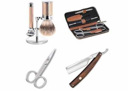 Rasoir barbe, blaireau rasage, ciseaux à ongles et à broder