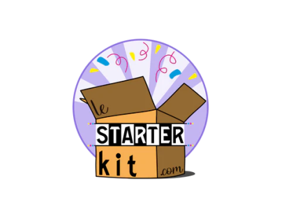 Logo lestarterkit.com un carton ouvert regorgeant de produits variés à l'intérieur.