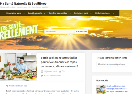 Capture d'écran de la page d'accueil du blog Santé naturelle et équilibrée, montrant les différentes catégories et un article en vedette